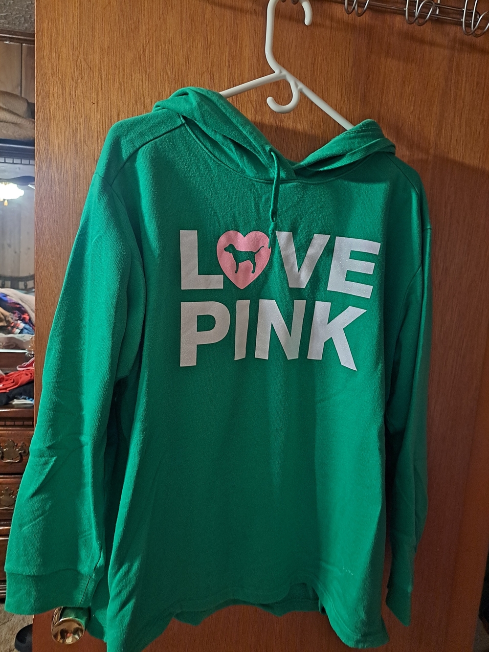 PINK Victoria's Secret Green 'LOVE PINK' Pullover Hoodie